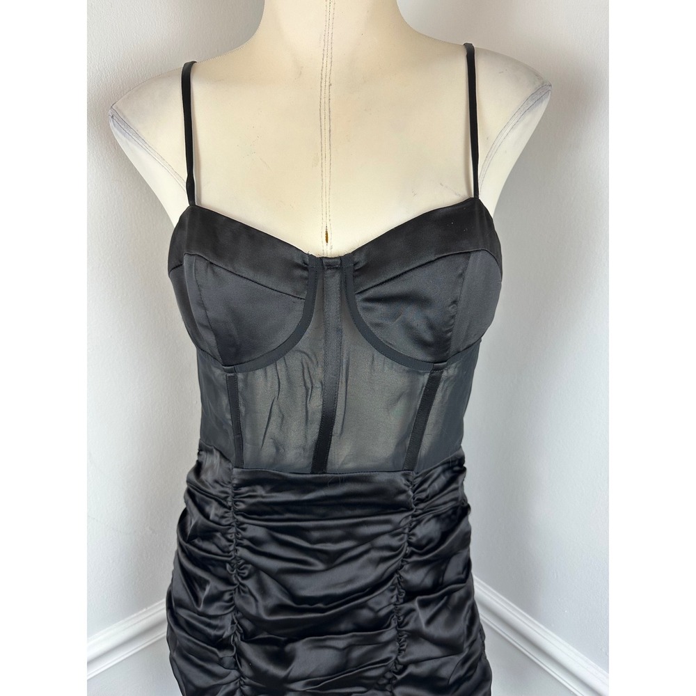 ZARA Black Contrast Semi-Sheer Ruched Mini Corset Dress NWT Satin Party Medium - Picture 4 of 11